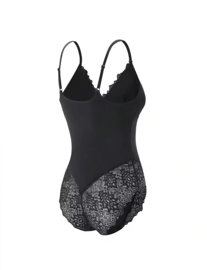 Women’s Black Lace Splice Bodysuit – Stylish V-Neck Floral Lace One-Piece Lingerie